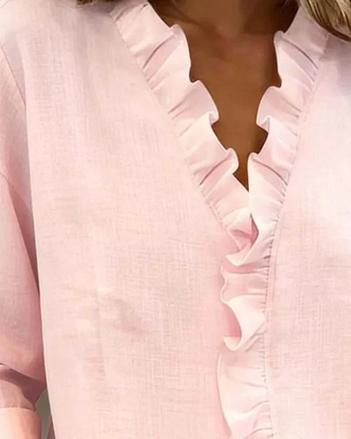 Varel | Blusa con volant, scollo a V e maniche lunghe
