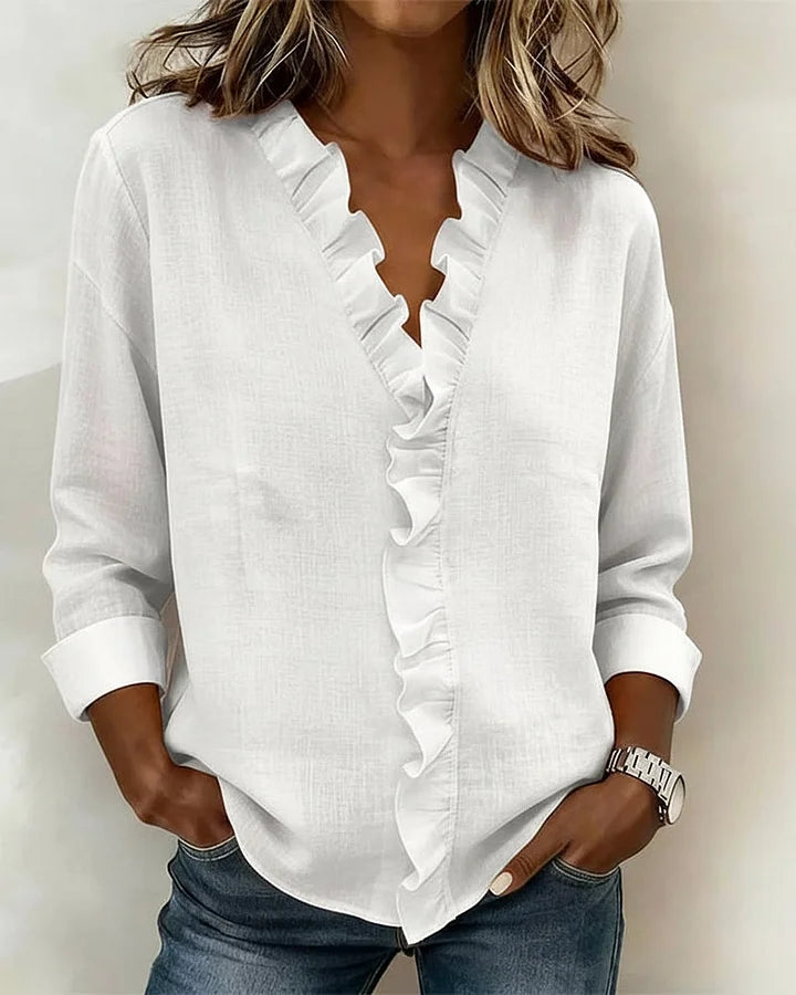 Varel | Blusa con volant, scollo a V e maniche lunghe