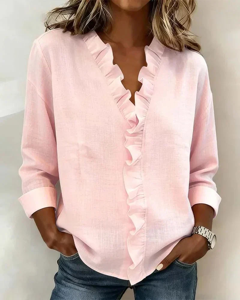 Varel | Blusa con volant, scollo a V e maniche lunghe