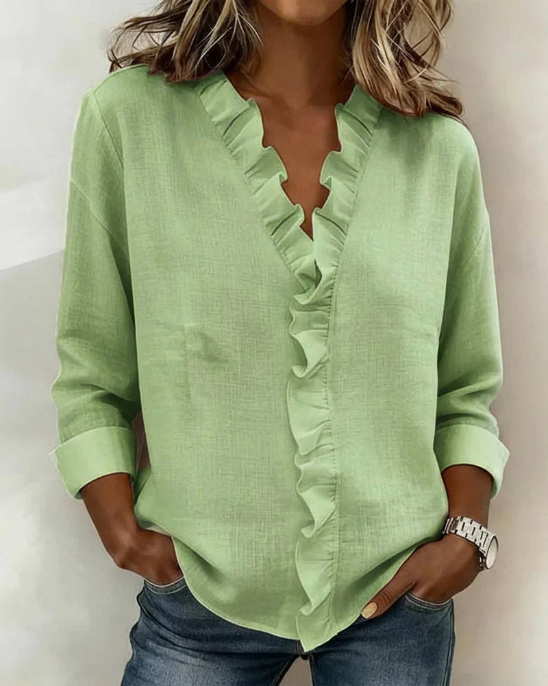 Varel | Blusa con volant, scollo a V e maniche lunghe