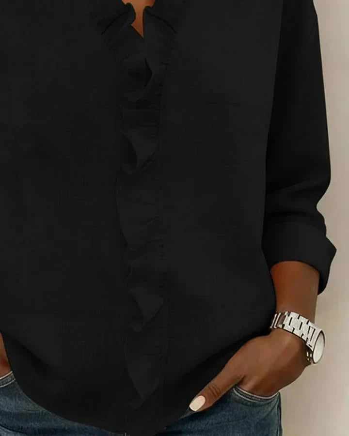 Varel | Blusa con volant, scollo a V e maniche lunghe