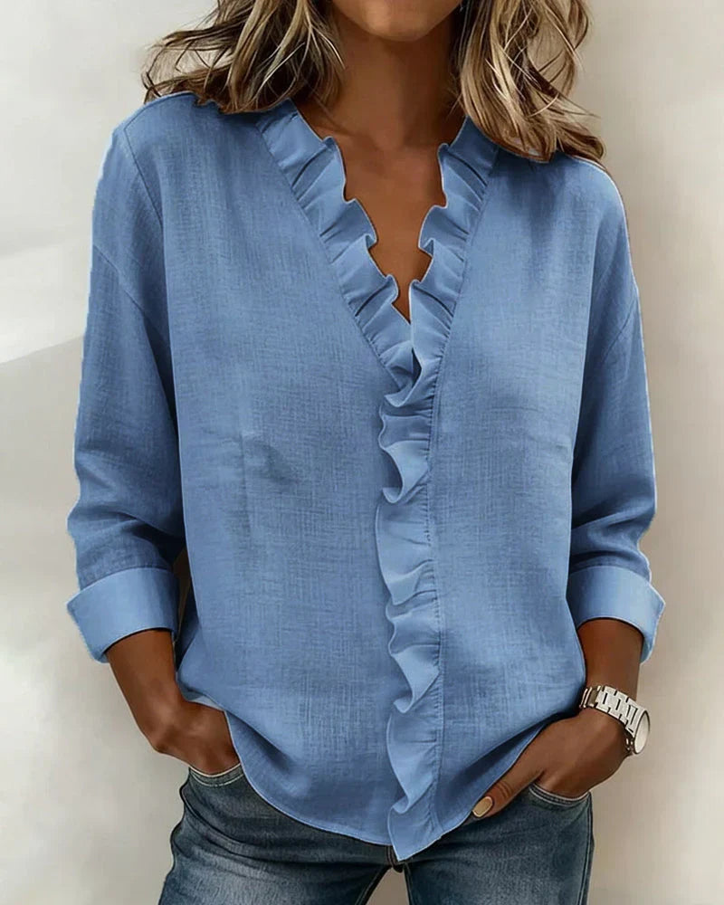 Varel | Blusa con volant, scollo a V e maniche lunghe