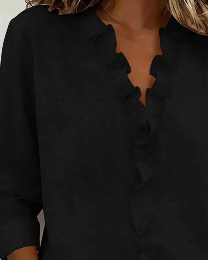 Varel | Blusa con volant, scollo a V e maniche lunghe